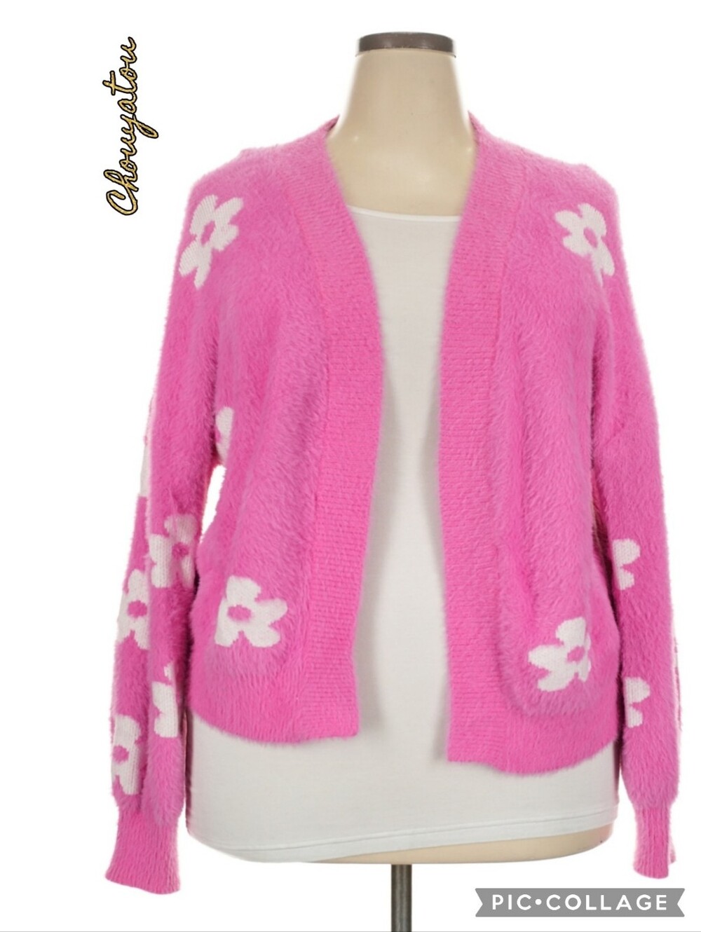 Chouyatou cardigan sweater soft cozy pink floral open-front comfy long sleeves
